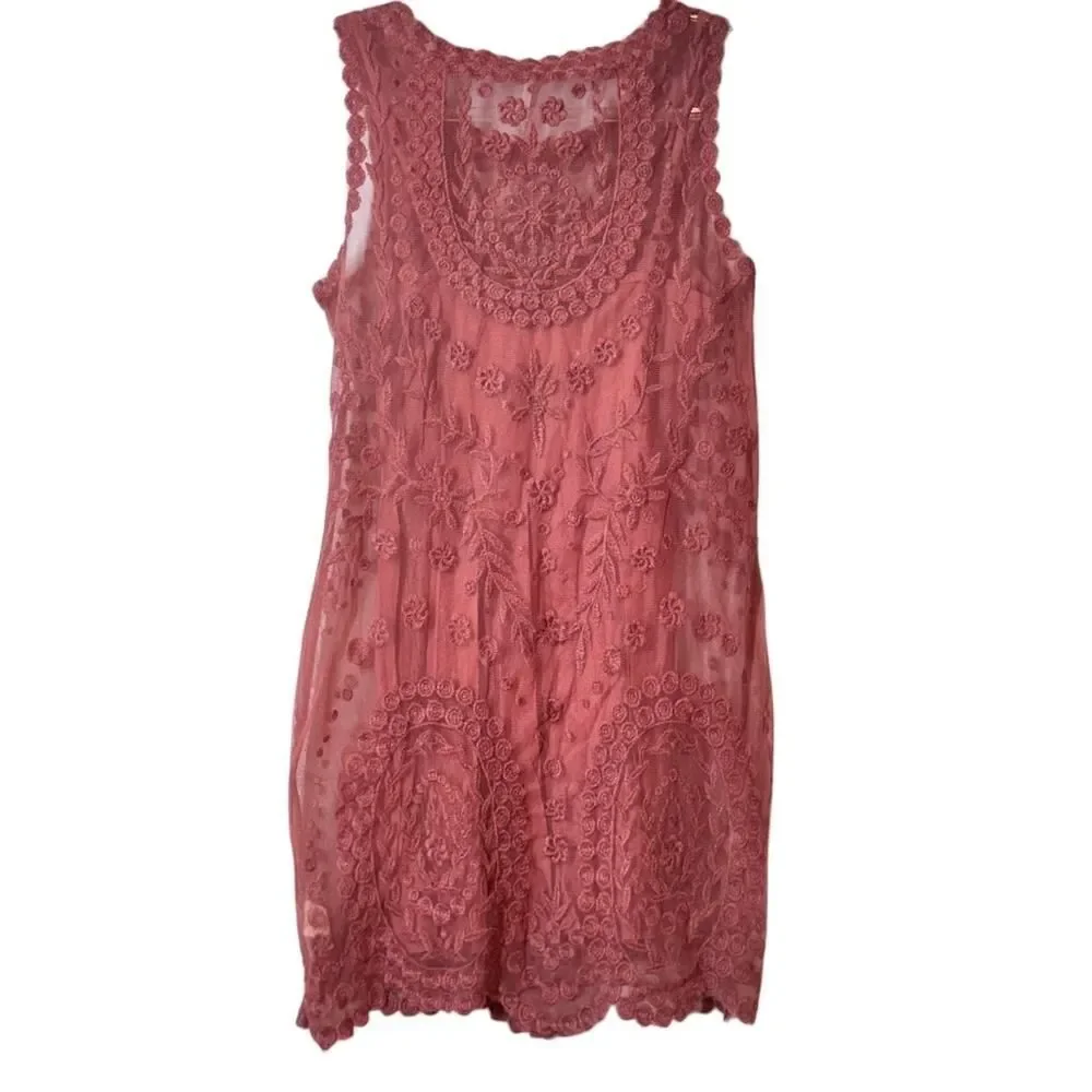 Free People Embroidered Mesh Mini Dress in Red Rouge Sheer with Liner XS